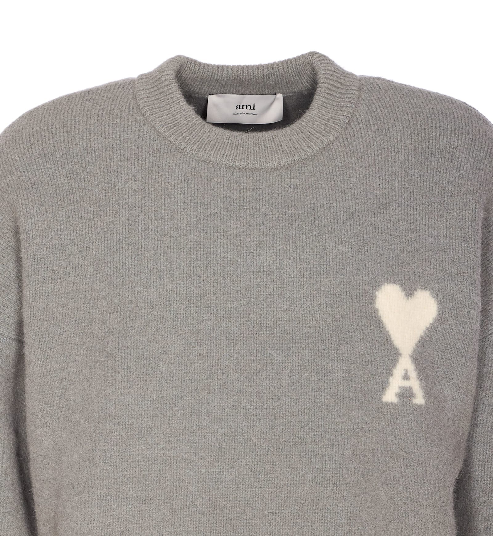 Ami Alexandre Mattiussi Ami Round Neck Sweater With Logo Detail And Ribbed Finishes In Gray