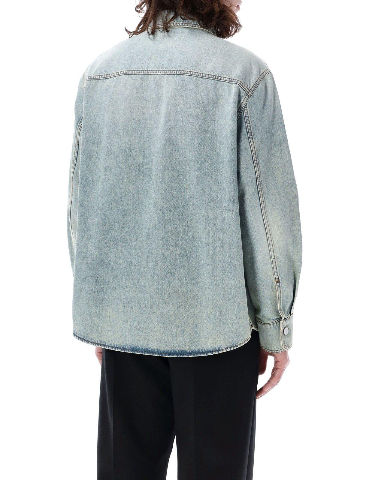 Shop Valentino Logo Plaque Long-sleeved Denim Shirt In Clear Blue