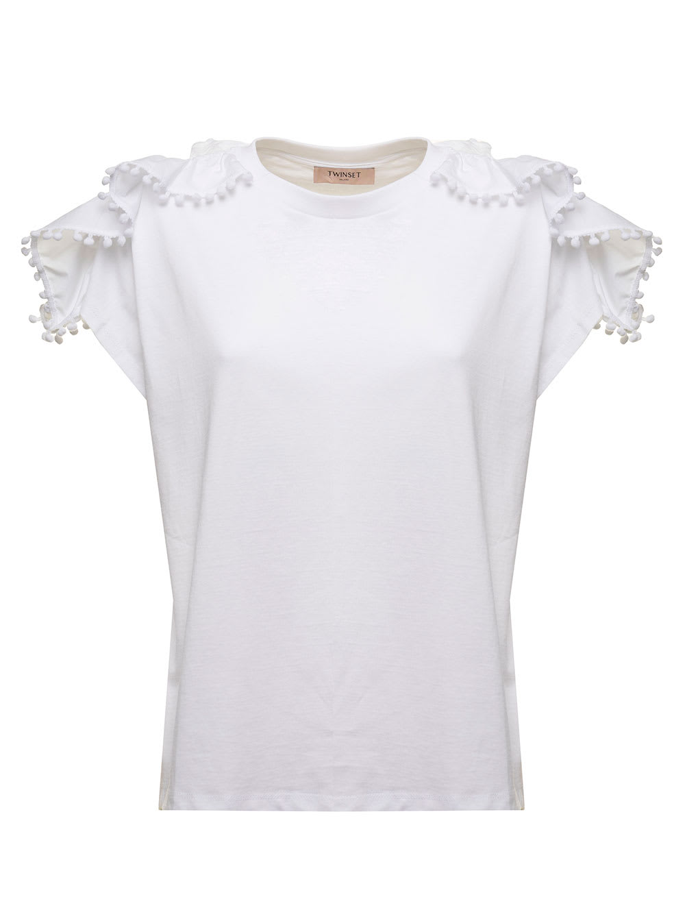 TwinSet Twin Set Womans White Cotton T-shirt With Cap Sleeves And Tassels
