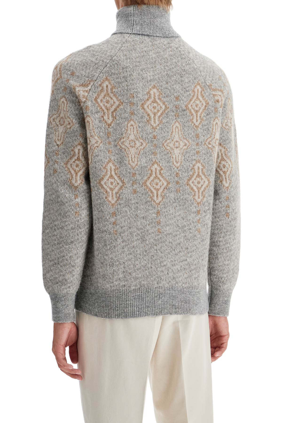 Shop Brunello Cucinelli Geometric Jacquard Turtleneck Sweater In Grigio+cammello+oyster (grey)