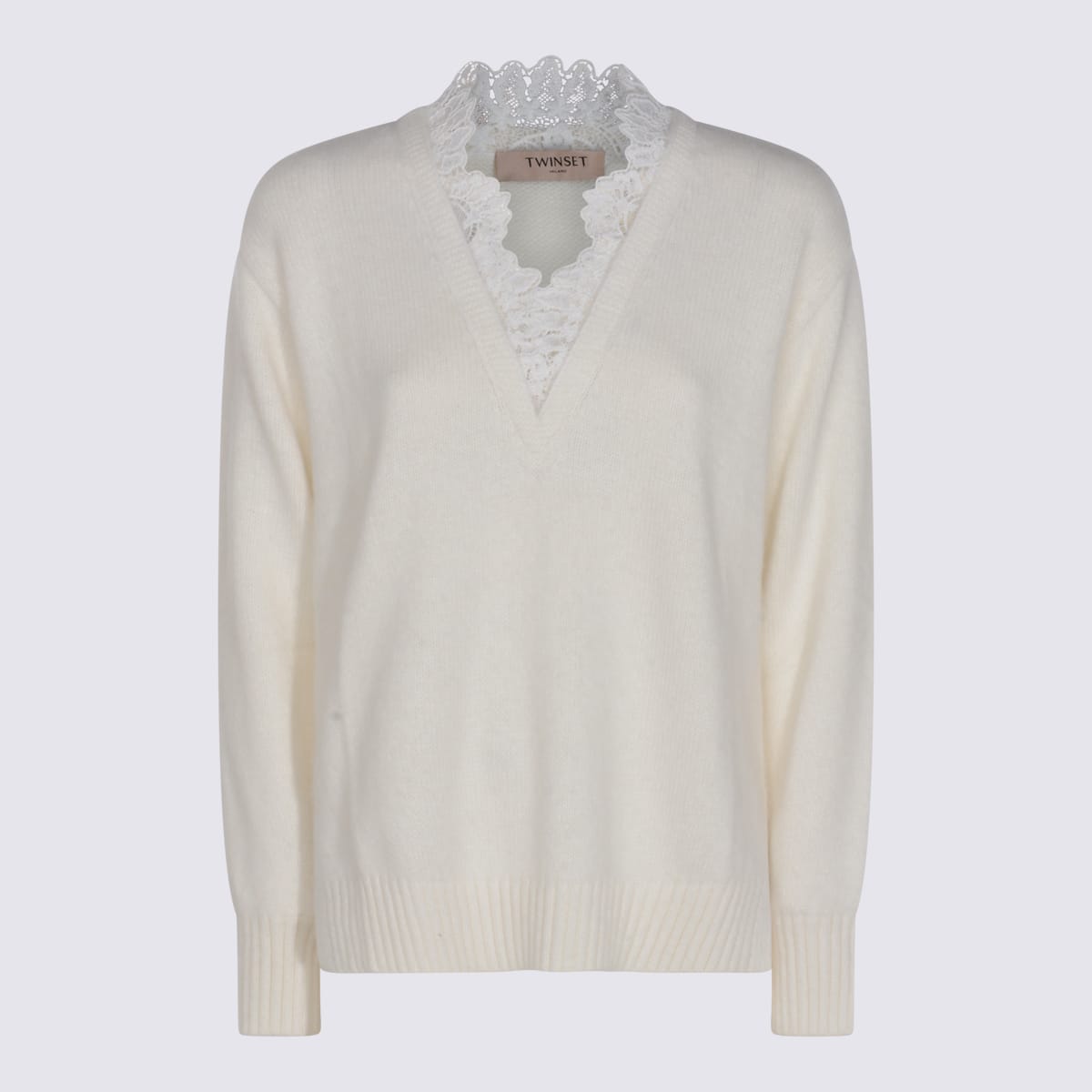 Twinset Angora Blend Sweater With Lace In White
