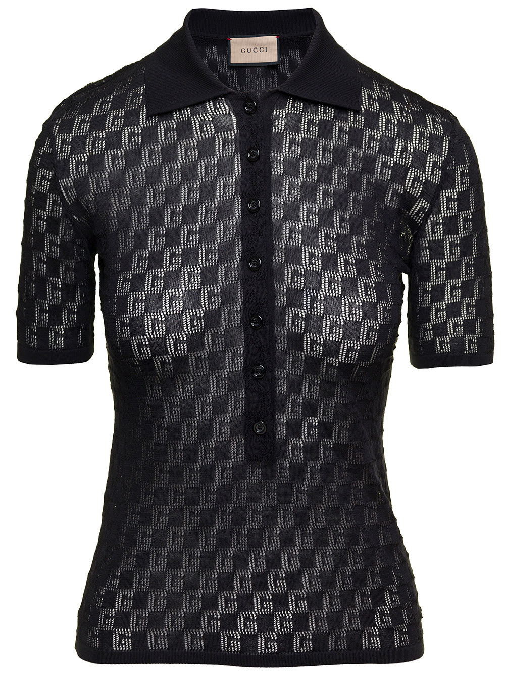 Gucci Black Polo Shirt With Button Closure And Gg Motif In Cotton And Silk Blend Woman In Black