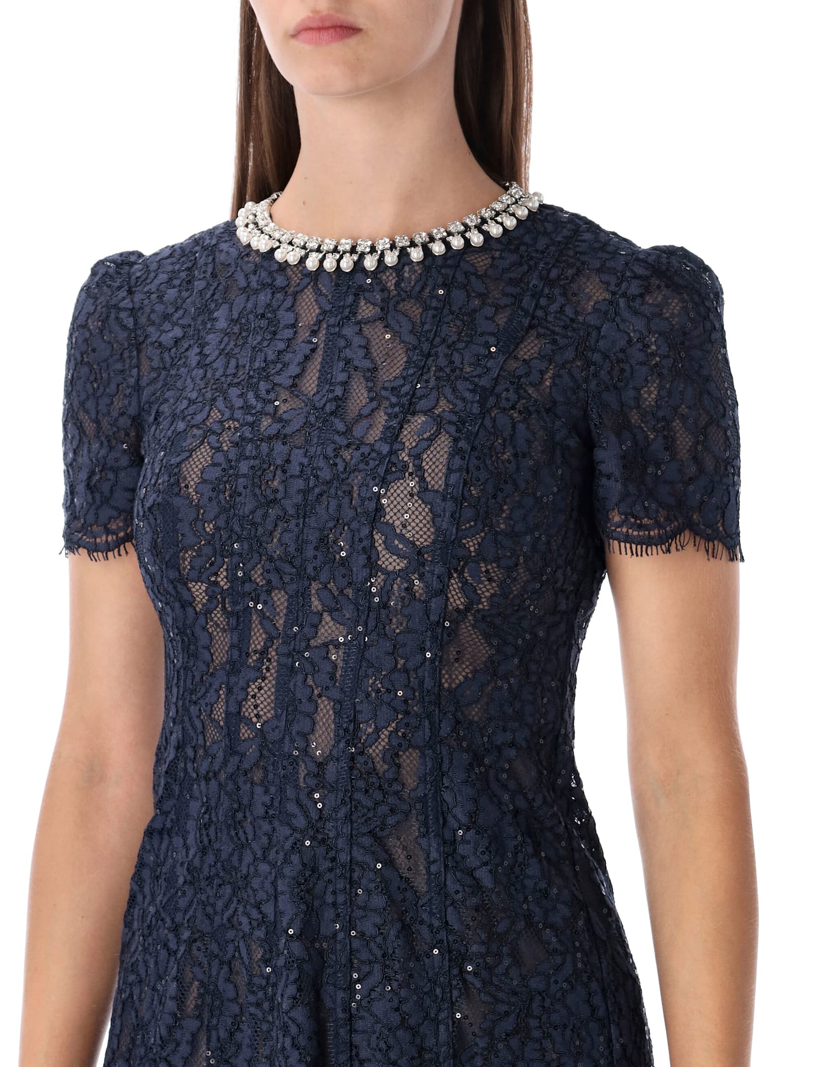 Self-portrait Navy Lace Midi Dress With Pearl And Crystal Embellished Collar In Blue