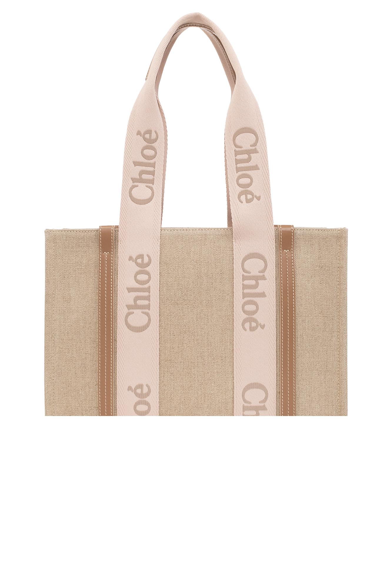 Chloé Pink And Beige Woody Medium Shopping Bag With Shoulder Strap In Beige