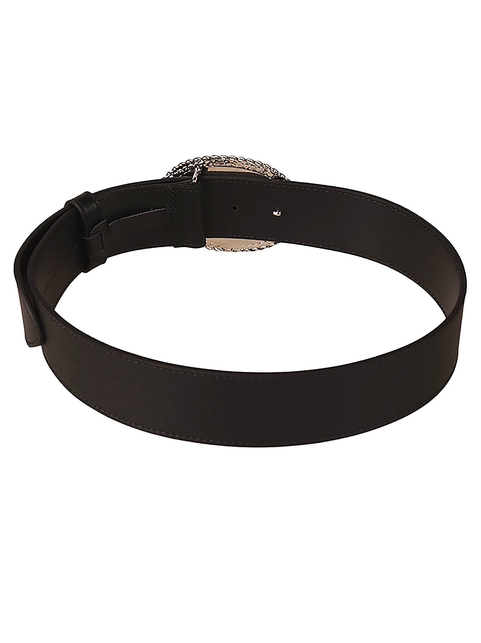 Shop Alessandra Rich Oval Buckle Pearl Detail Leather Belt In Black/silver