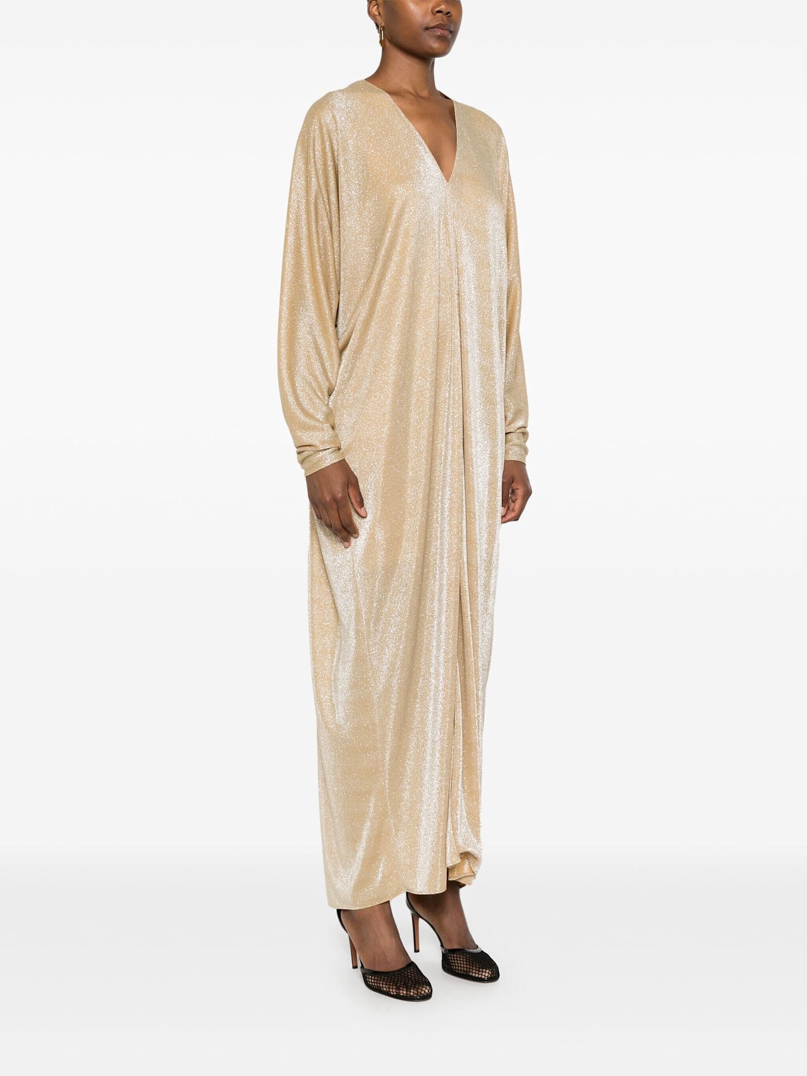 Shop Lanvin Caftan V Neck Lurex In Sand