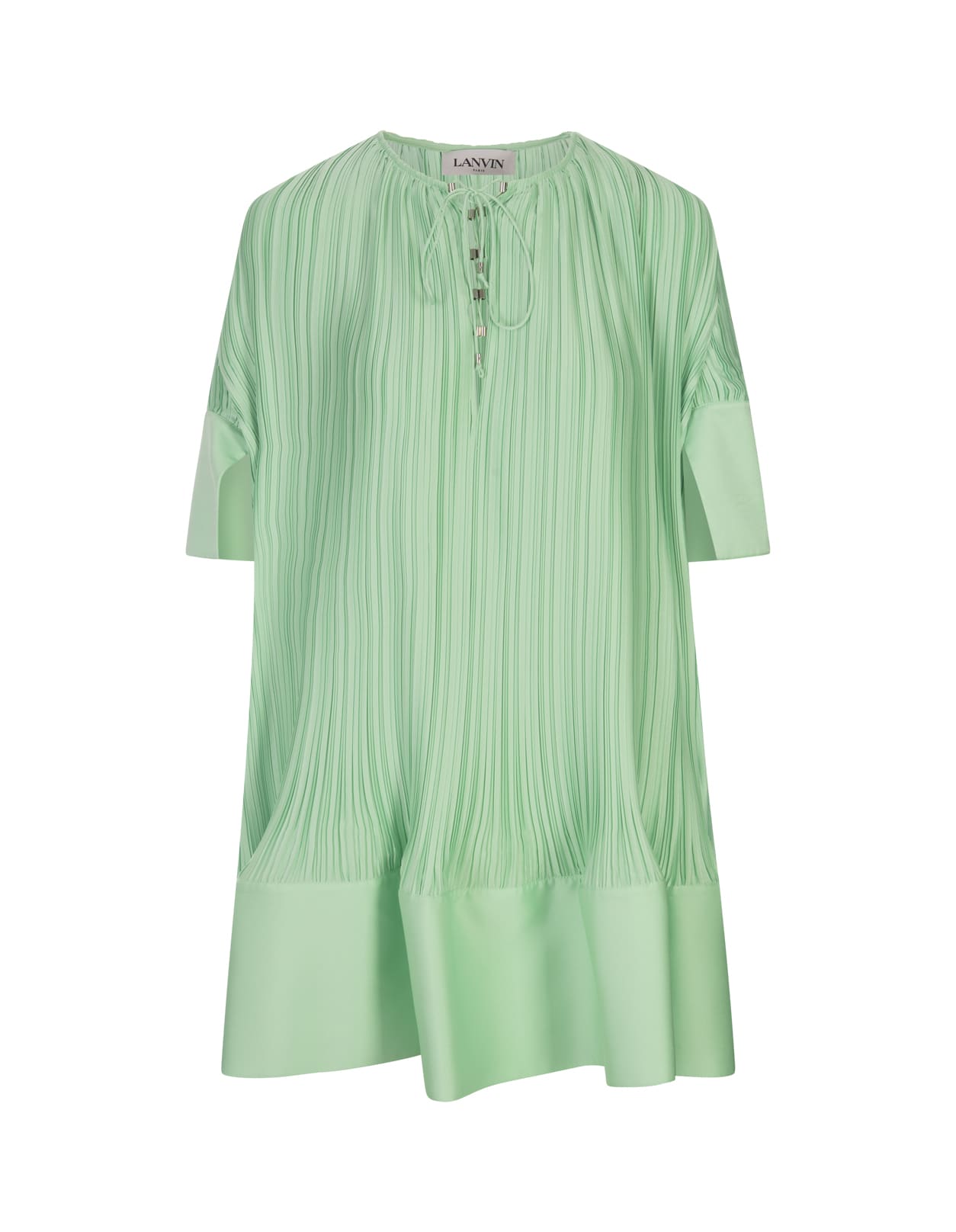 Lanvin Water Blue Pleated Short Dress With Cascade Effect In Green