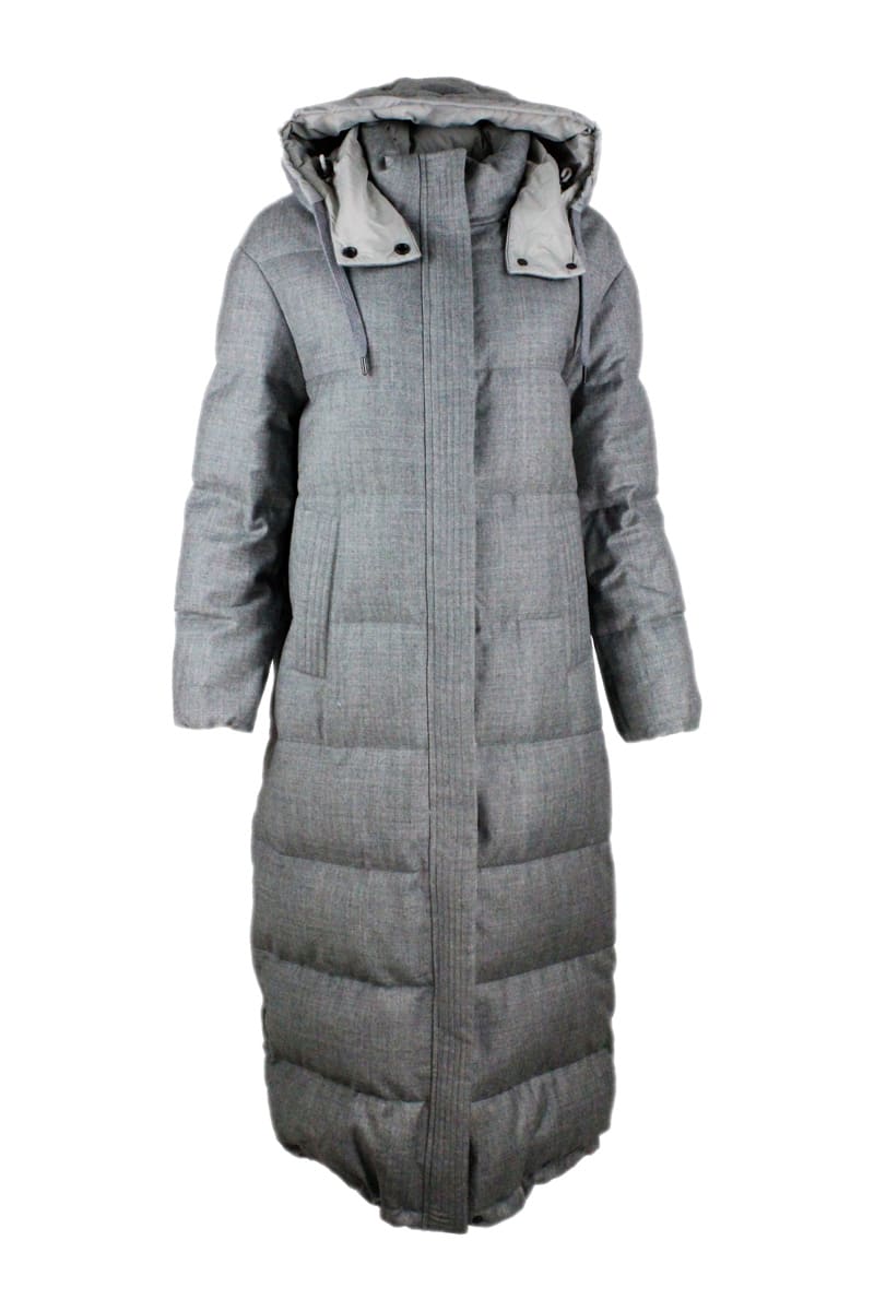 Brunello Cucinelli Long Down Jacket In Wool Canvas With Lurex With Detachable Hood And Monili Along The Zip