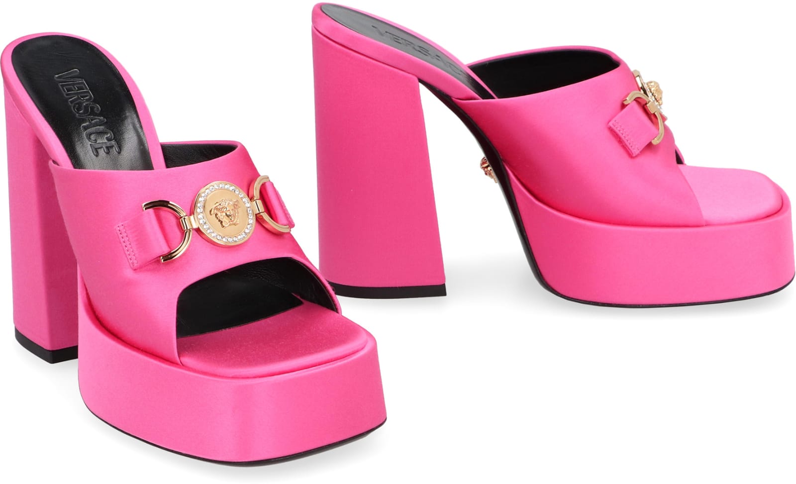 Versace 120 Medusa Platform Satin Mules In Pink