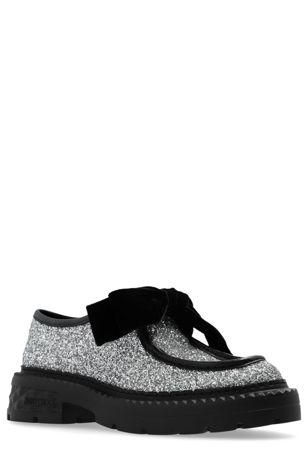 Shop Jimmy Choo Marlow Glittered Velvet Bow Loafers In Silver