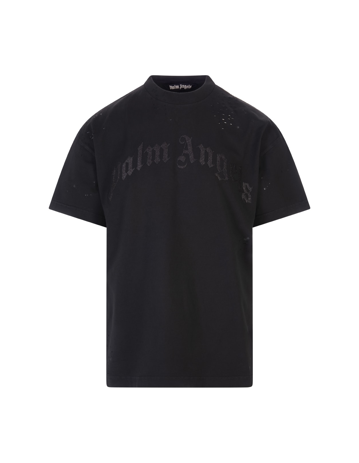 Palm Angels Man Black T-shirt With Distressed Details And Black Glitter Logo