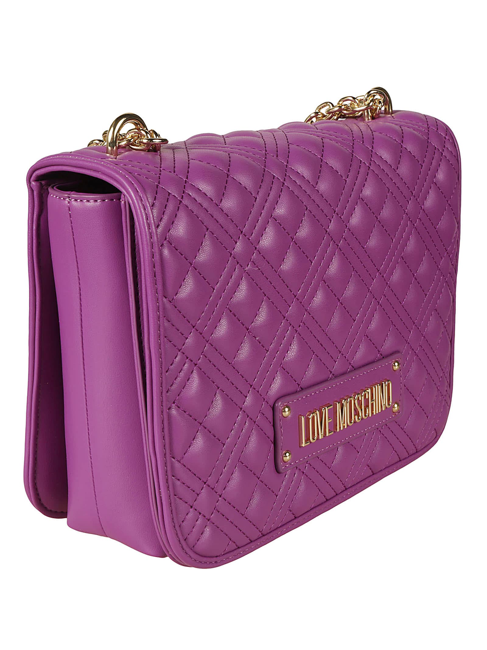 Shop Love Moschino Logo Embossed Quilted Chain Shoulder Bag In Purple