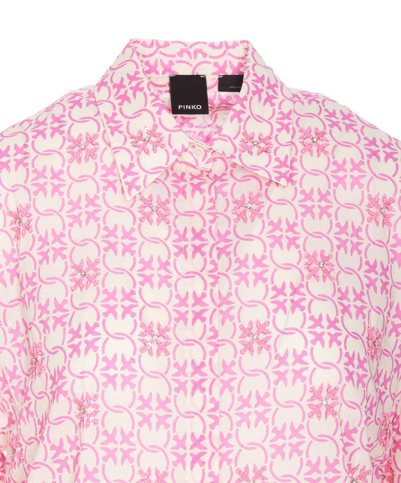 Shop Pinko Logo Printed Embellished Buttoned Shirt In Burro/rosa