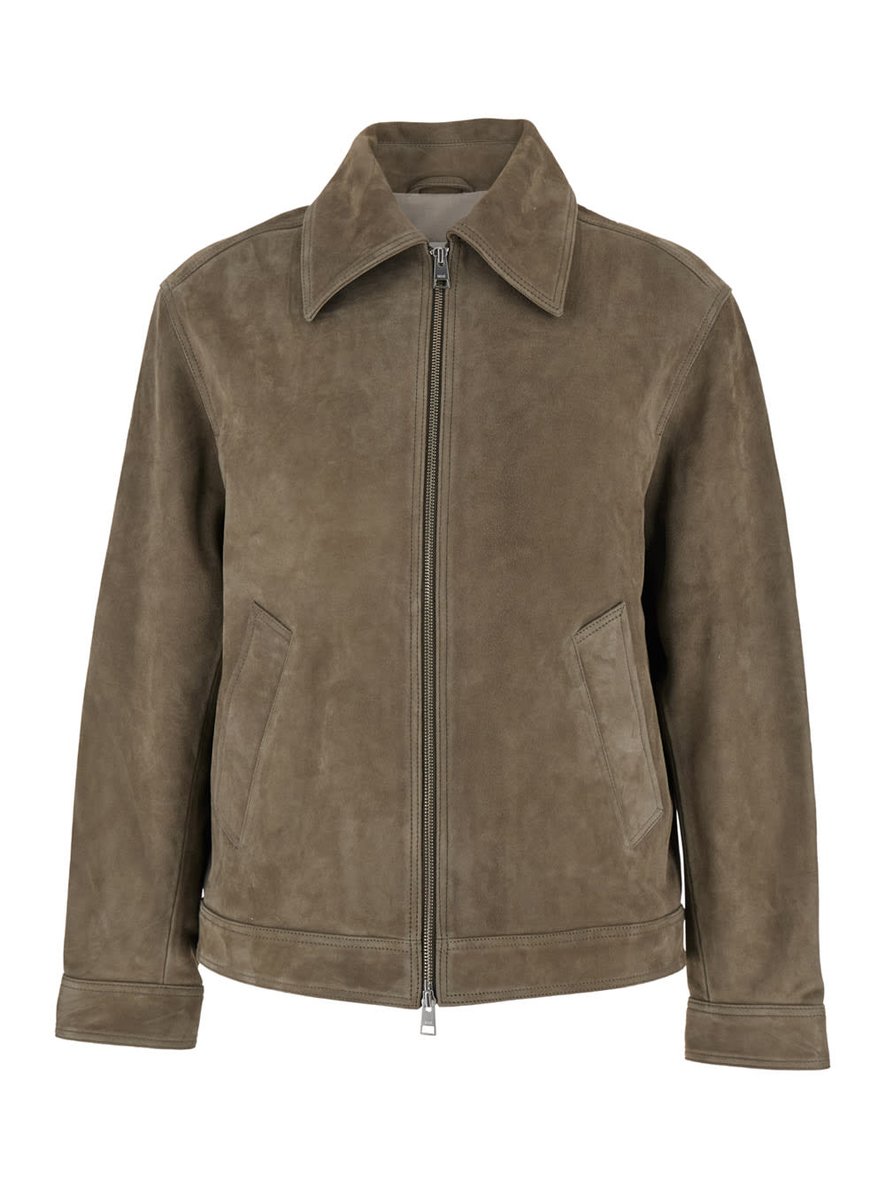 Grey Jacket With Classic Collar And Front Zip Closure In Suede Man