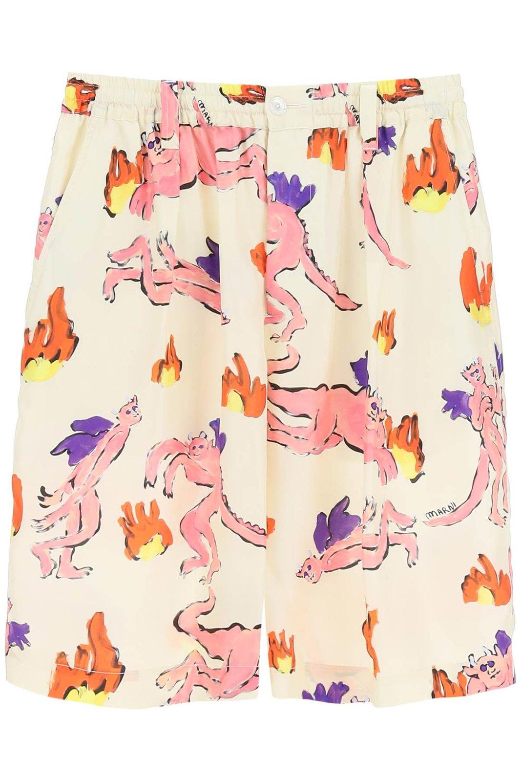 Marni Multicolor Printed Silk Bermuda Shorts In Diw06 Ivory