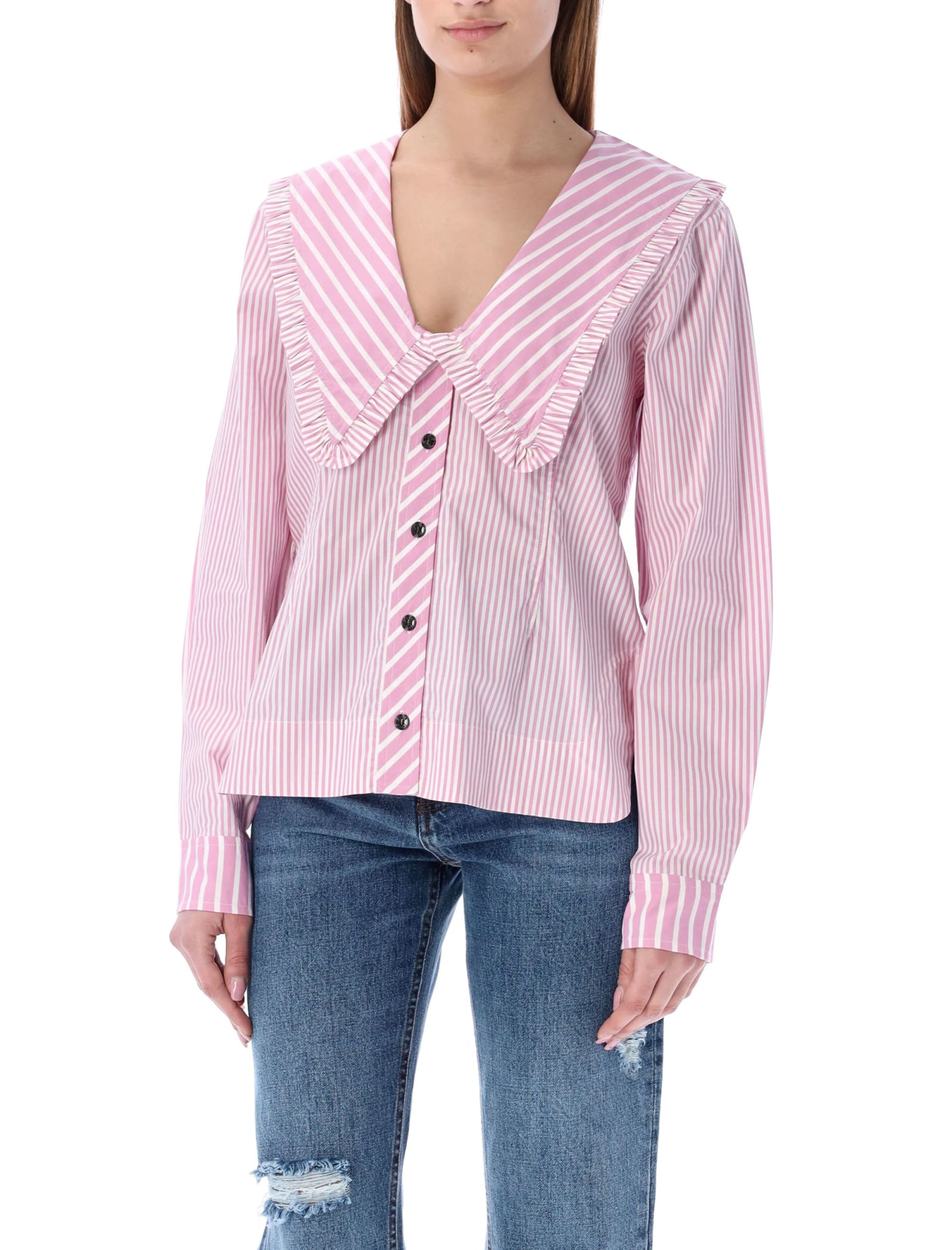 Ganni Stripe V-neck Frill Collar Wide Shirt