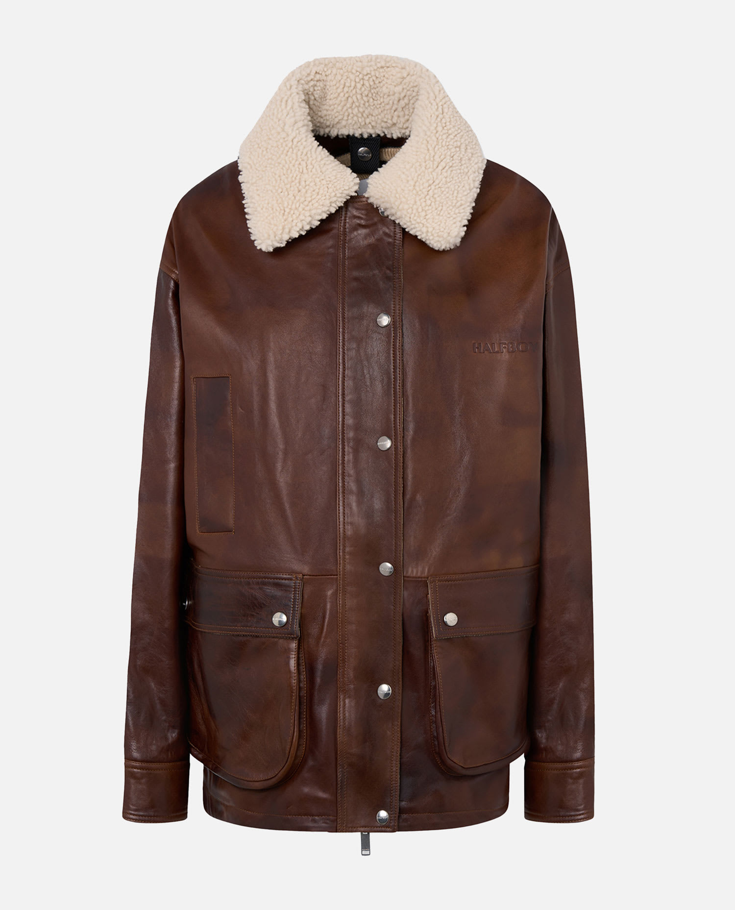Halfboy Leather Jacket Featuring Shearling Collar In Brown