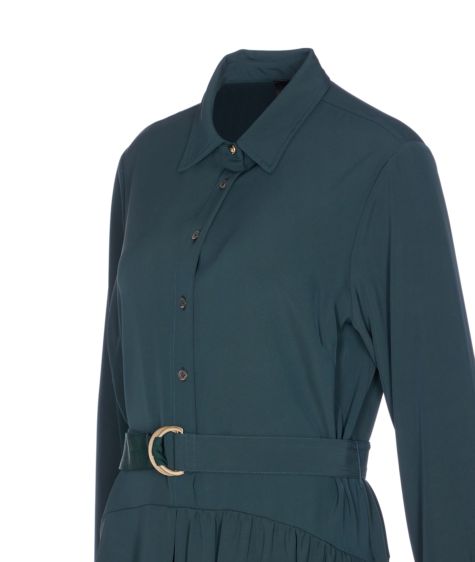 Pinko Waist Belt Long Sleeve Pleated Dress In Green