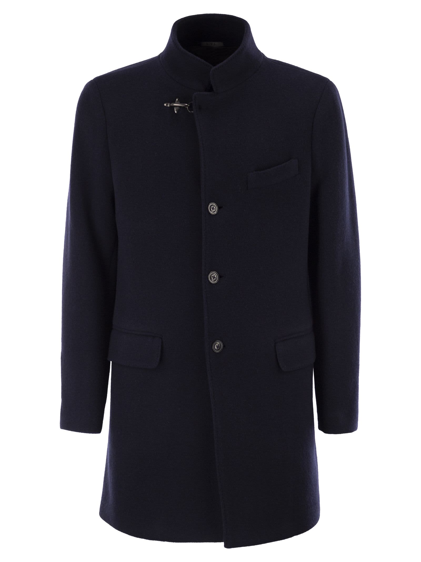 Fay Double Wool Blend Coat With Iconic Hook Closure And Flap Pockets In Blue