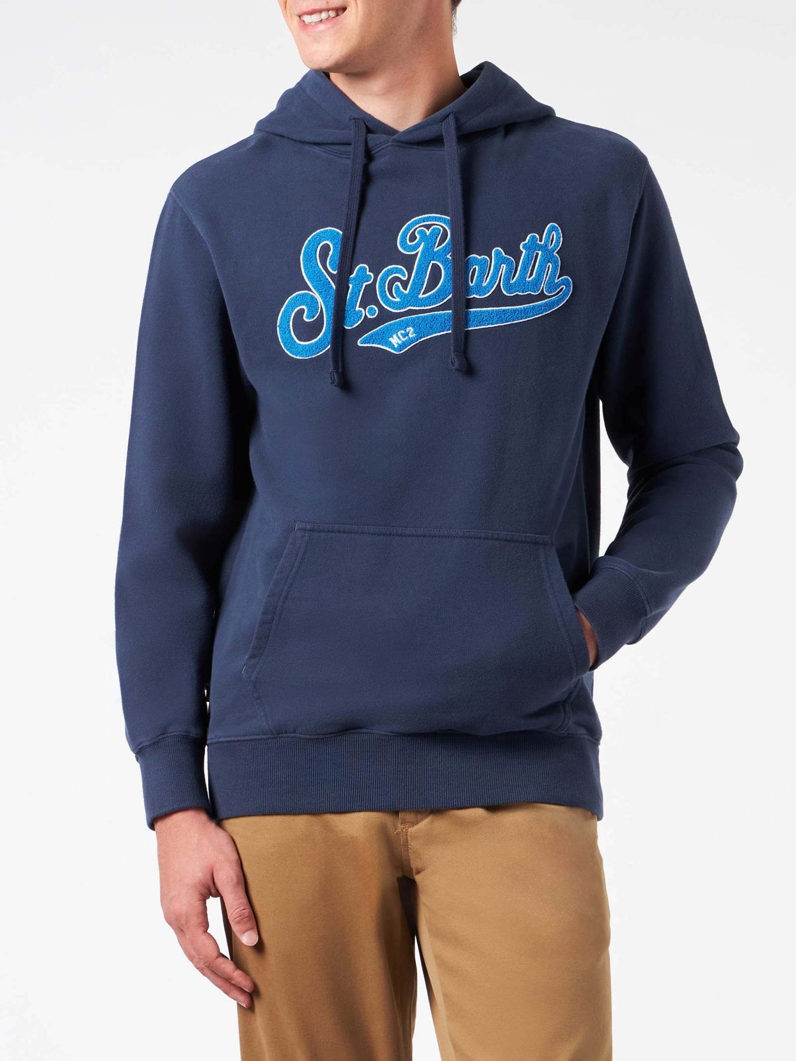 Shop Mc2 Saint Barth Man Blue Hoodie With St. Barth Terry Patch