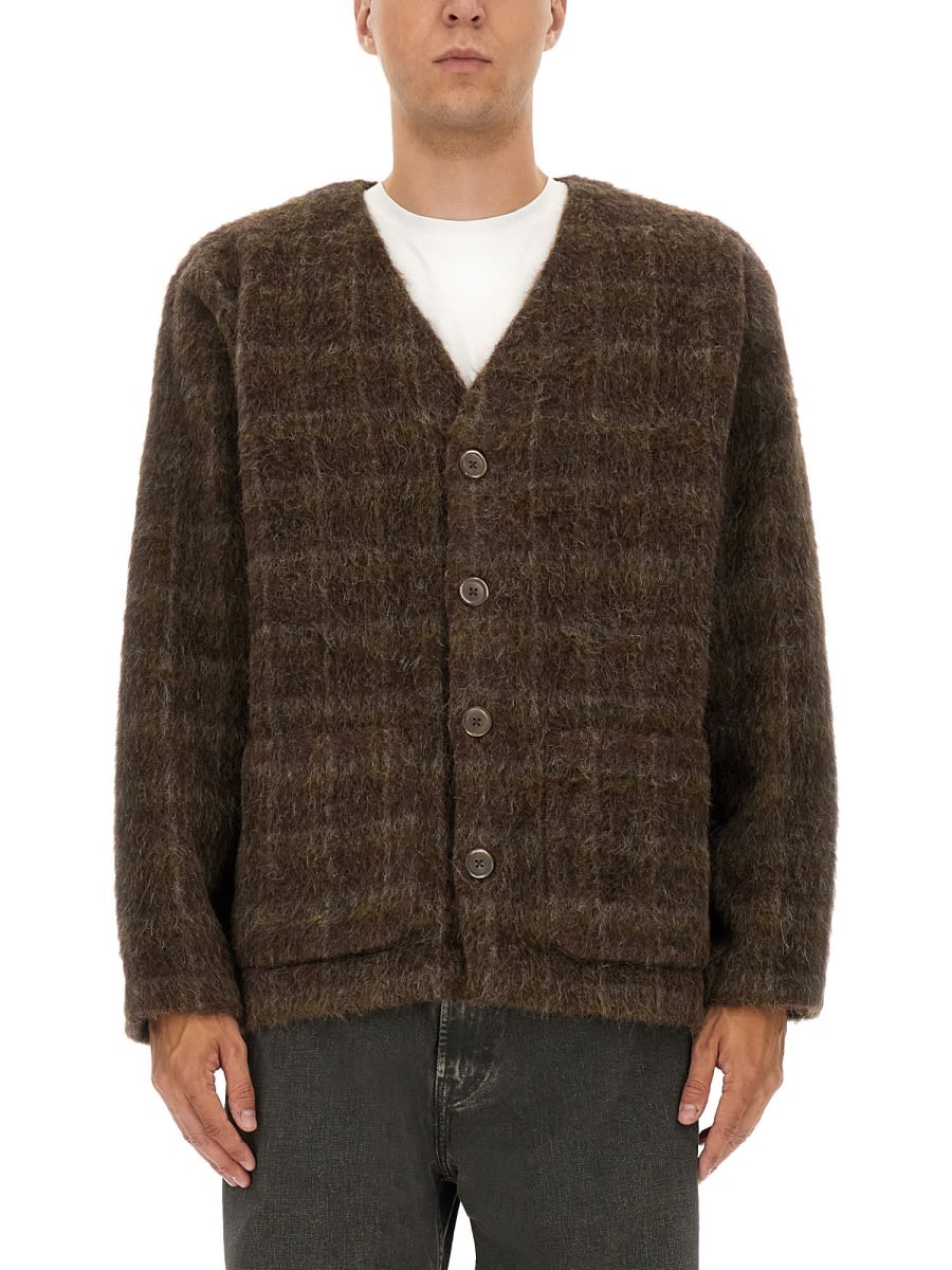 Our Legacy Embroidered Wool Blend V-neck Cardigan With Front Pockets In Brown