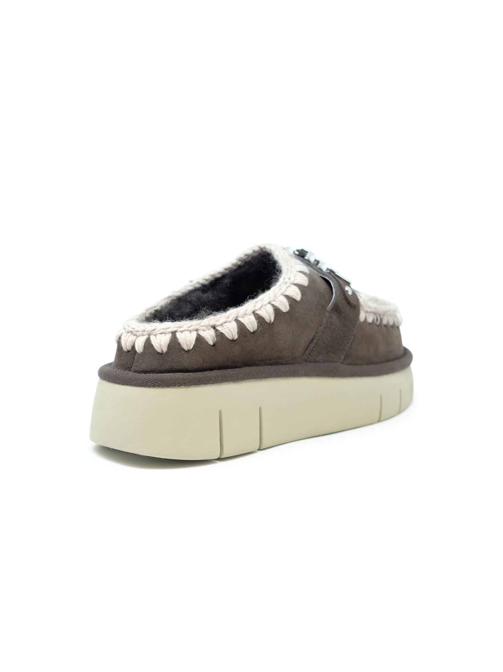 Mou Moka Bounce Metal Logo Leather Wool Rubber Clog Shoe In Brown