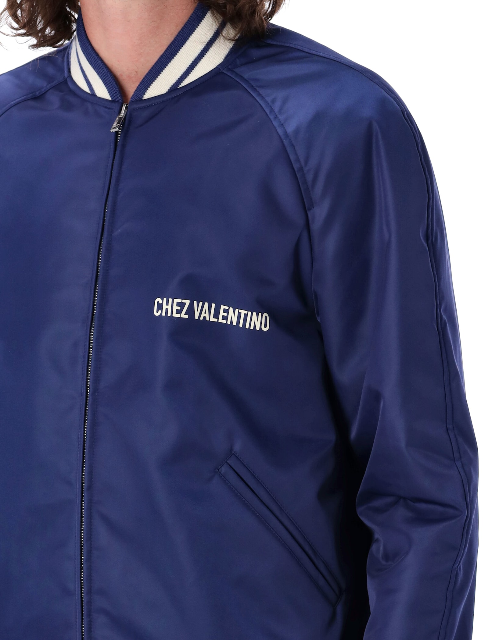 Valentino Blue Bomber Jacket In Printed Polyamide With Zip And High Collar In Blue