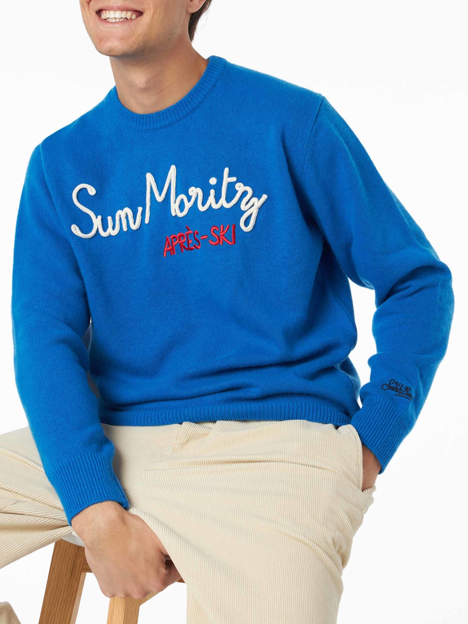 Shop Mc2 Saint Barth Man Crewneck Sweater With Sun Moritz Après Ski Embroidery In Sky