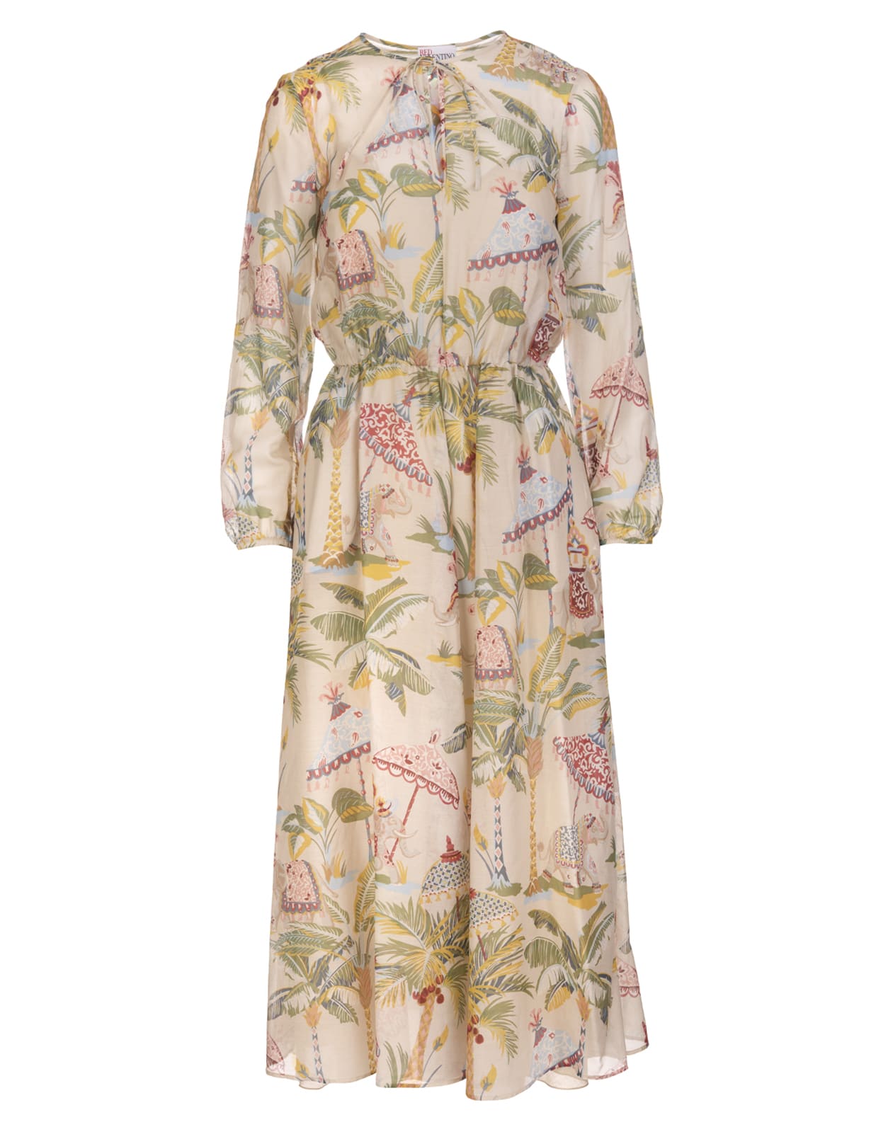 RED Valentino Long Nude Cotton And Silk Dress With Elephant Print