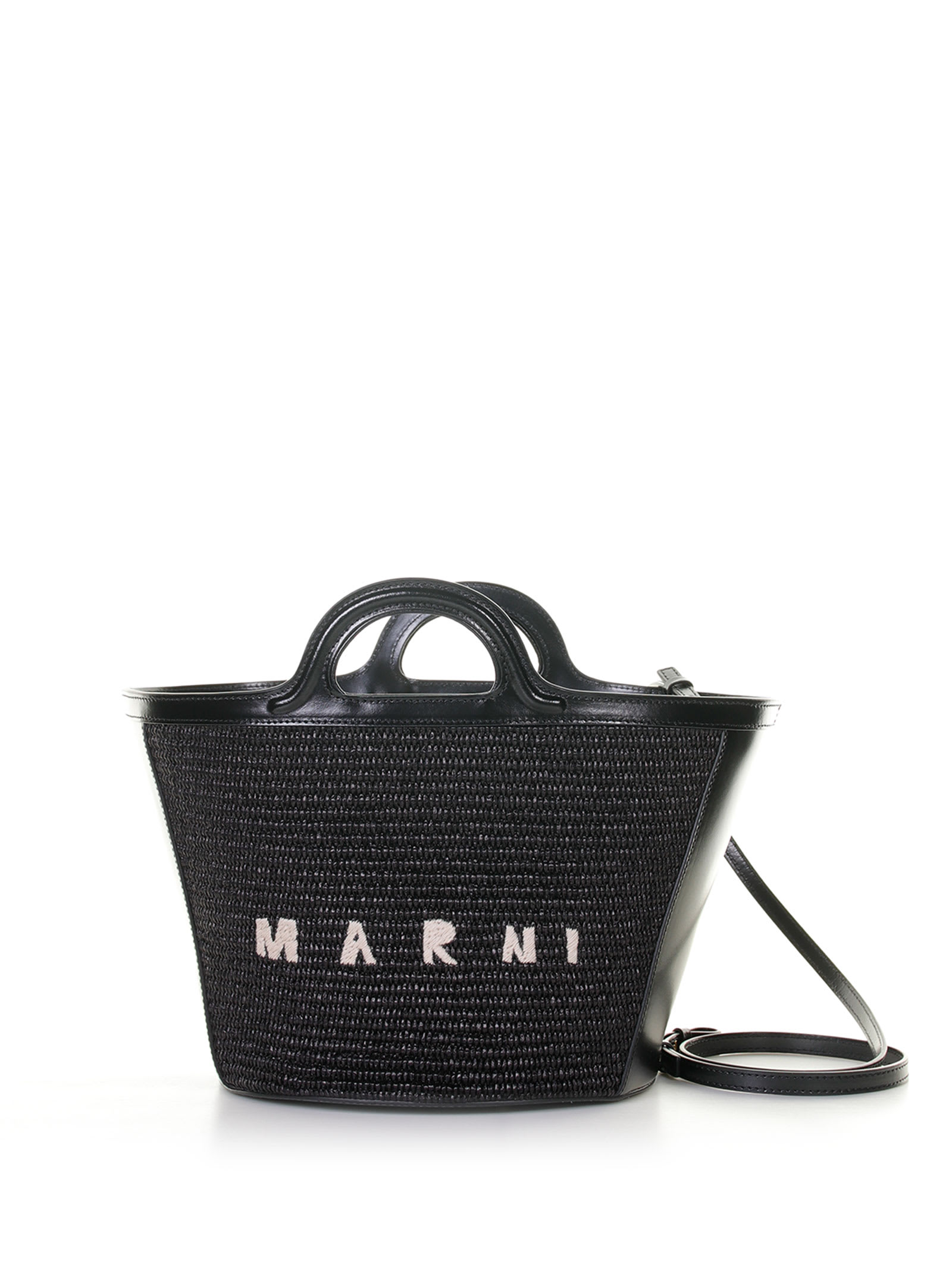 Shop Marni Small Tropicalia Bag In Leather And Raffia Effect Fabric In Black