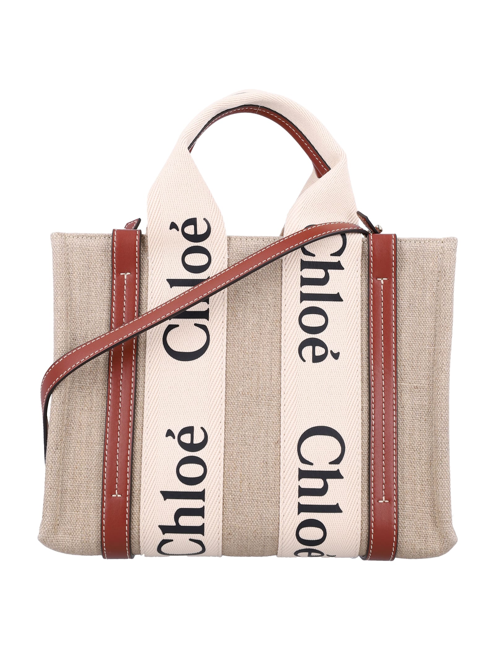 Shop Chloé Linen Woody Medium Tote Bag In White - Brown 1