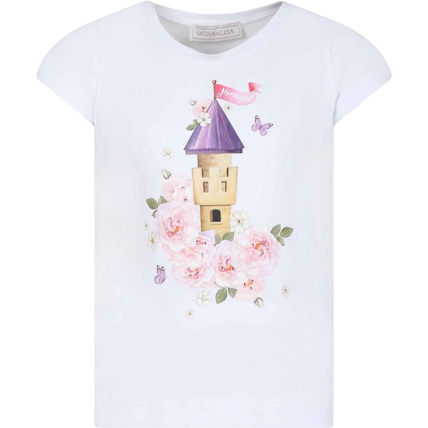 Monnalisa Kids' White T-shirt For Girl With Castle Print And Logo