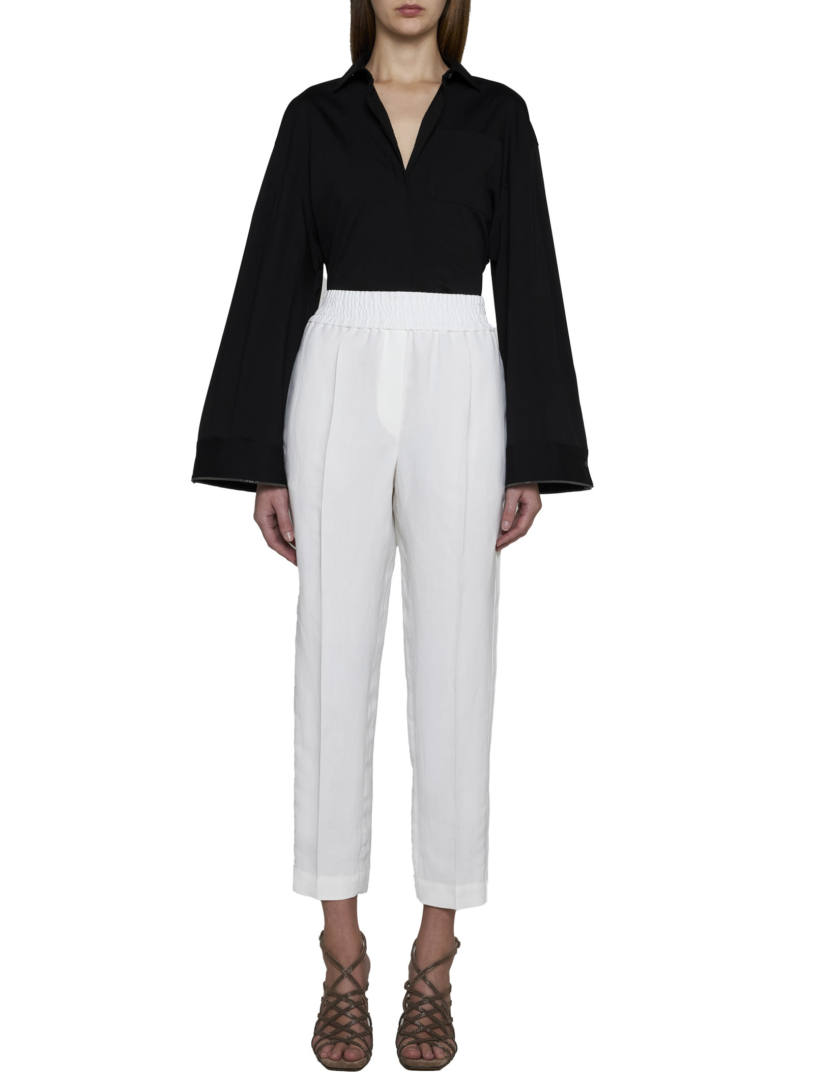 Brunello Cucinelli Women Slouchy Trousers In Viscose And Linen Fluid Twill With Moniline In Naturale