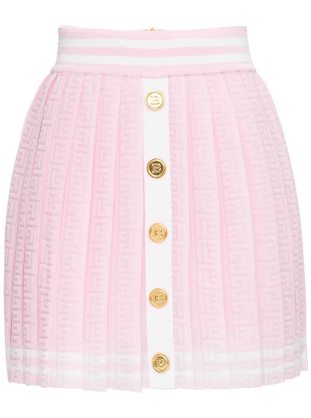 Balmain Pink Pleated Monogram Jacquard Skirt