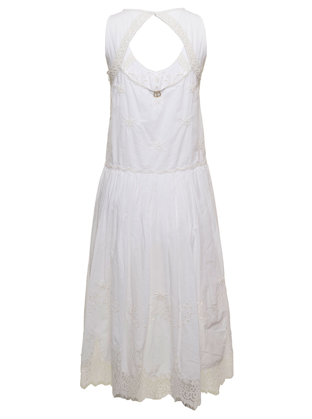 TwinSet Twin Set Womans White Embroidered Cotton Midi Dress