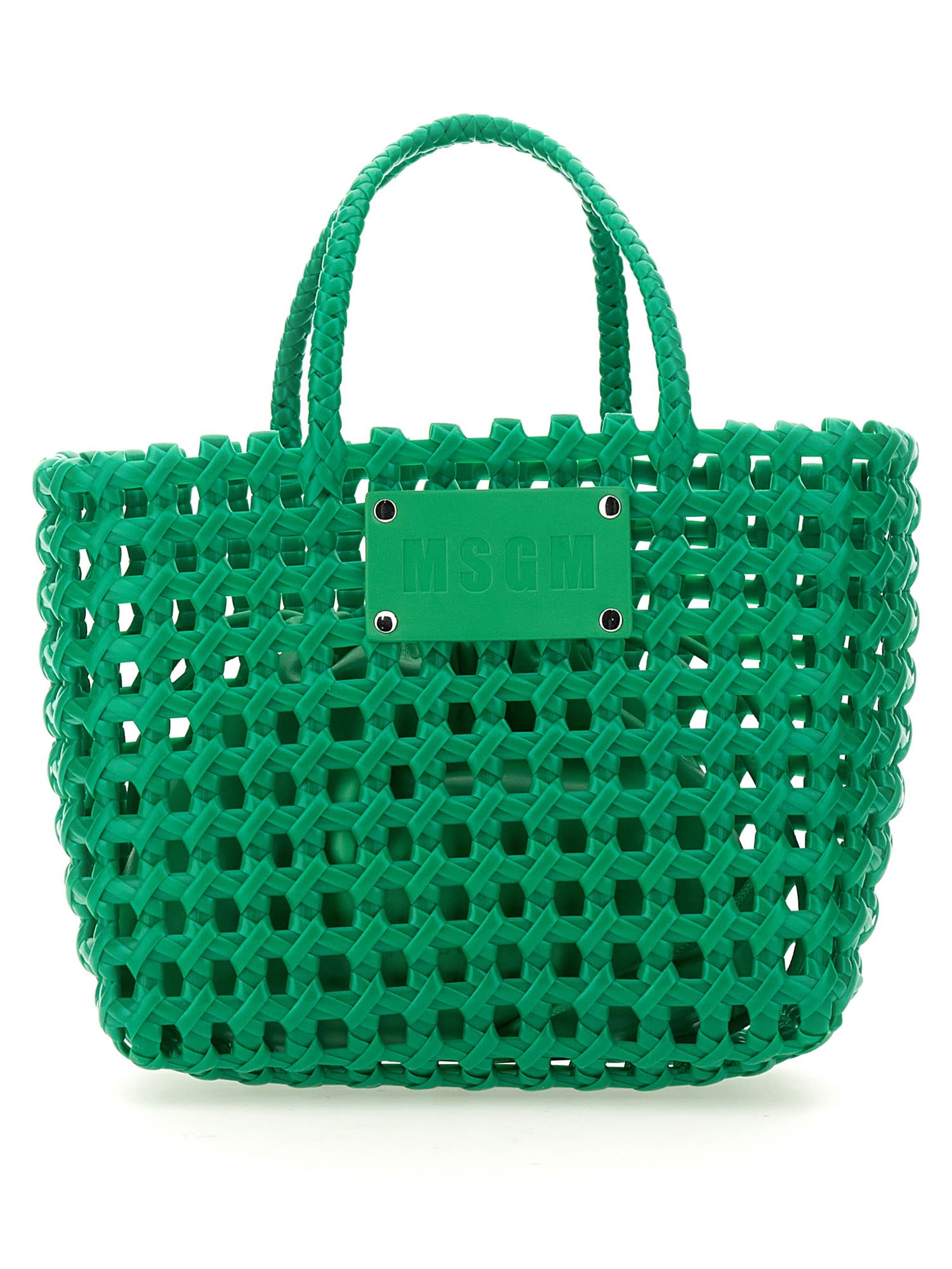 Msgm Small Woven Mesh Shopping Bag In Verde