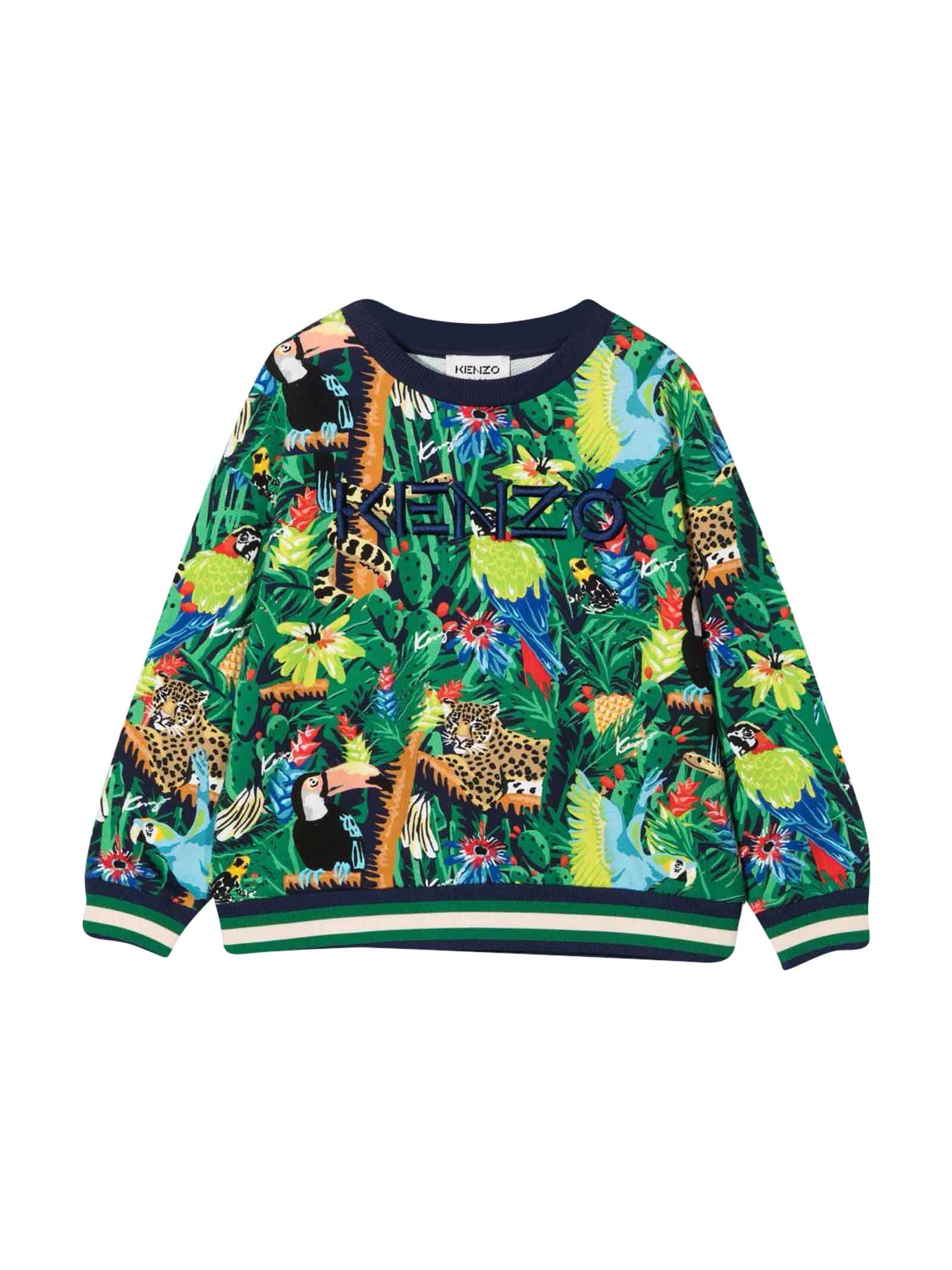 Kenzo Kids Multicolor Boy Sweatshirt With All-over Botanical Graphic Print, Embroidered Logo, Striped Edge, Crew Neck, Long Sleeves, Elasticated Cuffs And Elasti