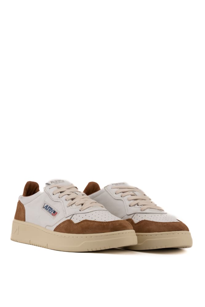 Shop Autry Medialist Low Sneakers In Goatskin And Suede In White/caramel