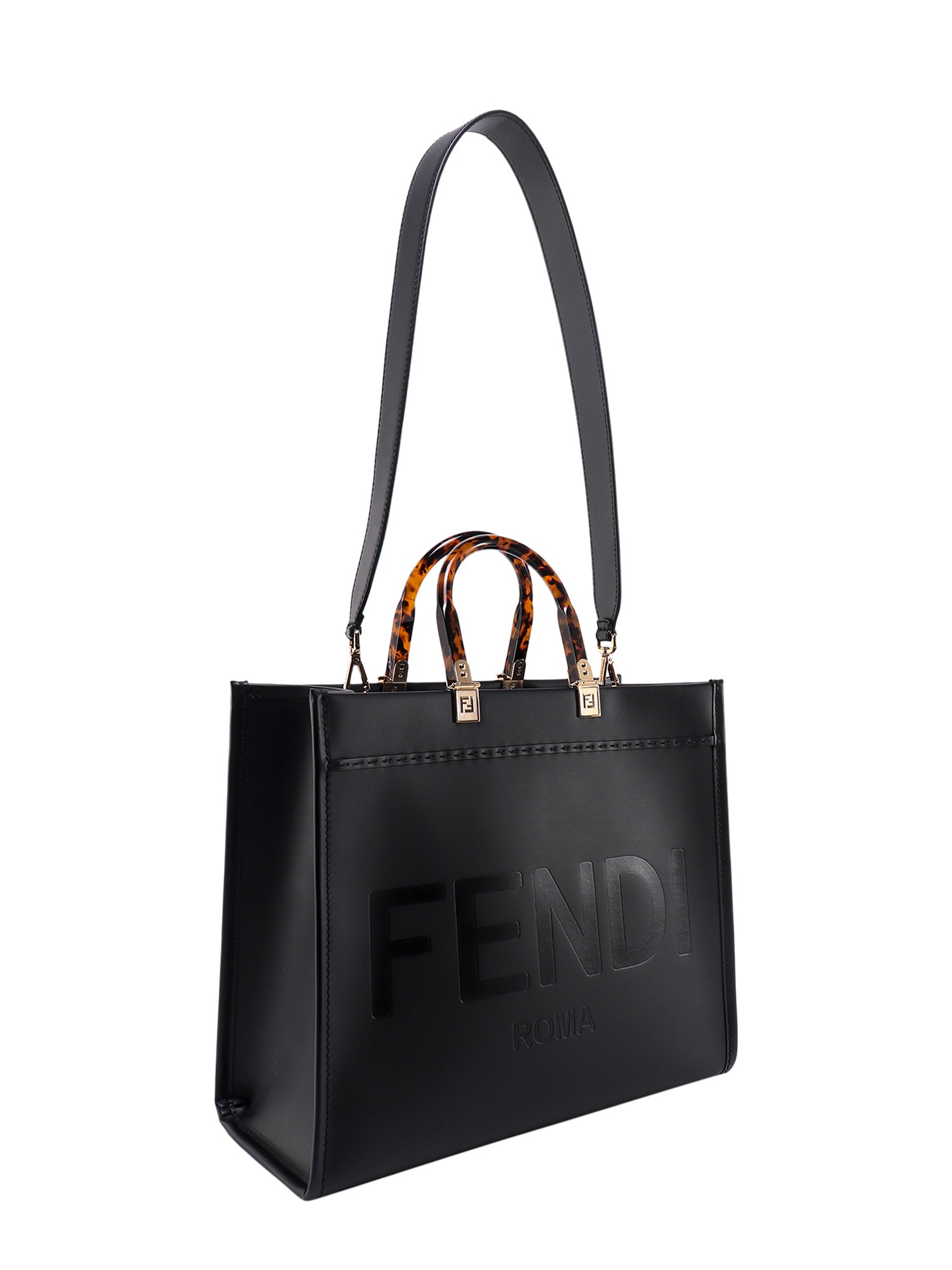 Shop Fendi Sunshine Handbag In Kur Black Gold Soft