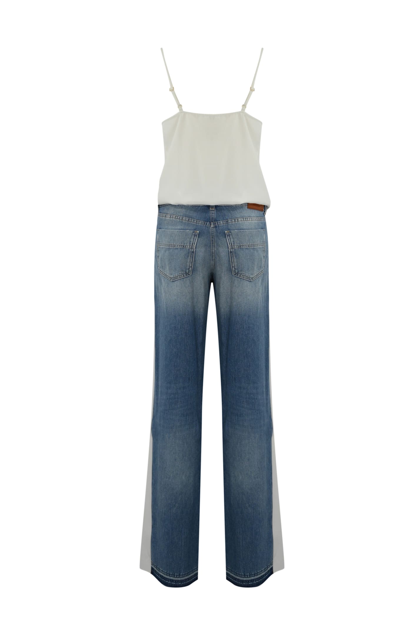Elisabetta Franchi Trompe-loeil Jumpsuit In Denim And Crepe In Avorio/light Blue