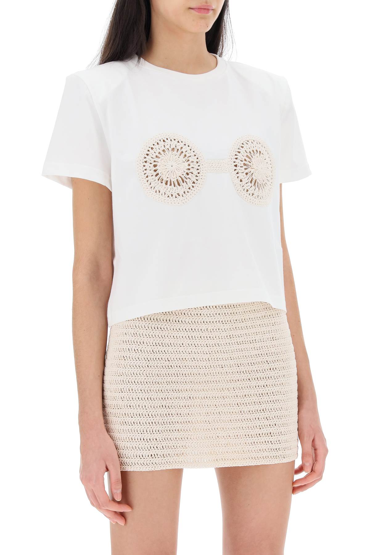 Magda Butrym Cropped Cotton T-shirt With Unique Front Embroidery In White (white)