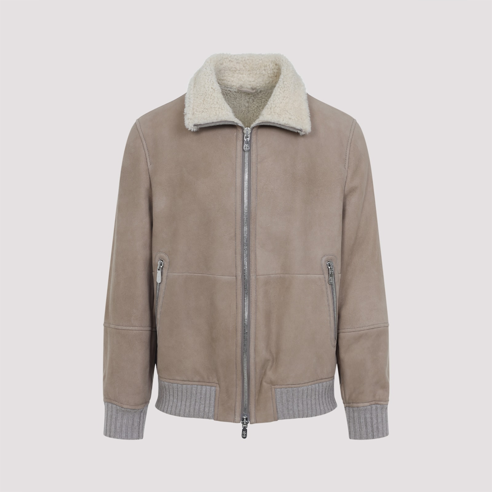 Brunello Cucinelli Shearling-collared Taupe Jacket In Brown