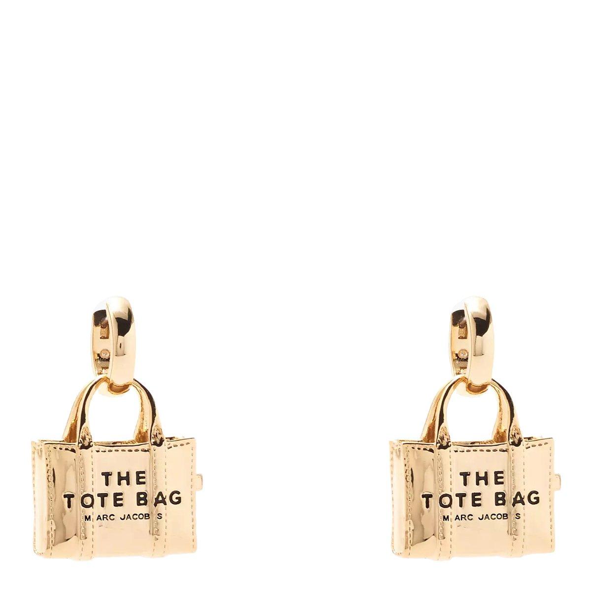 Shop Marc Jacobs Logo Engraved The Tote Bag Earrings In Golden