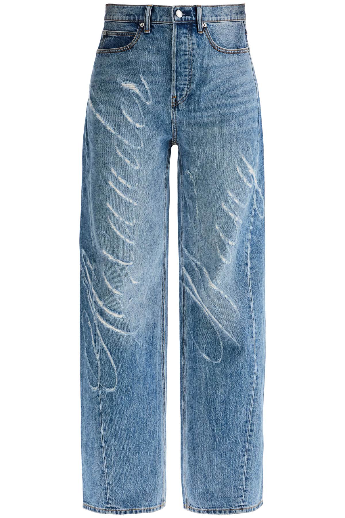 Shop Alexander Wang Distressed Jeans With Lettering Logo In Vintage Medium Indigo (light Blue)