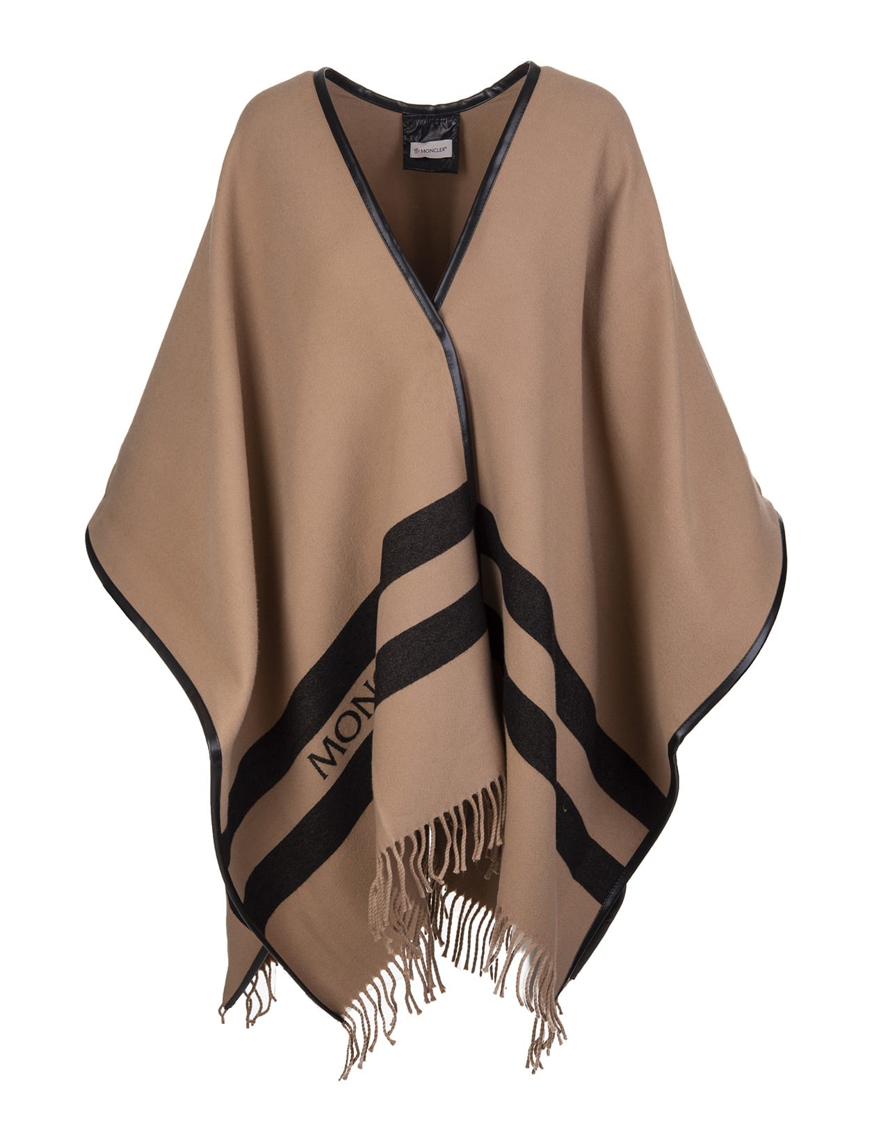 Moncler Woman Beige And Black Jacquard Wool Poncho