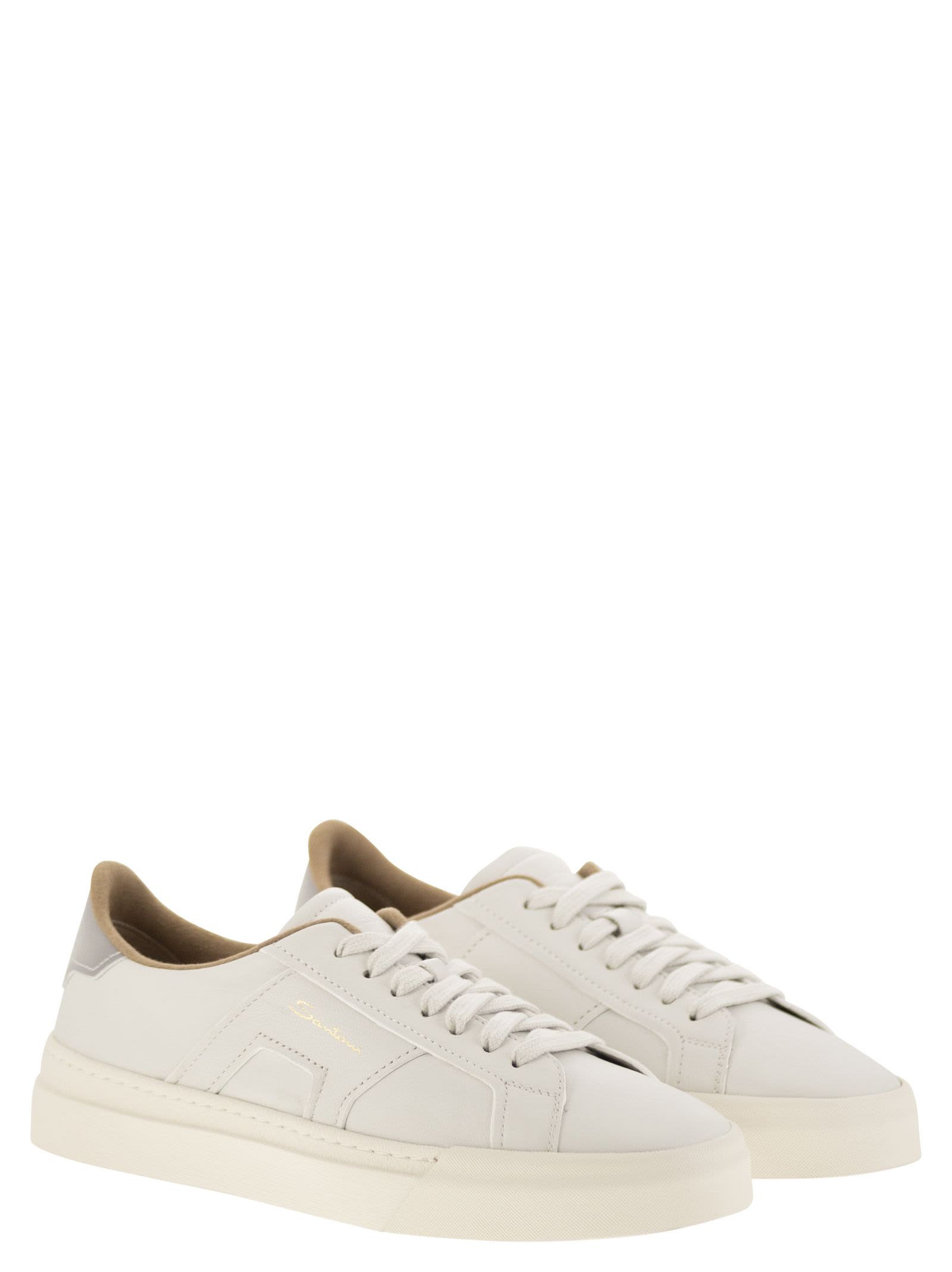 Santoni Tumbled Leather Double Buckle Trainer In White