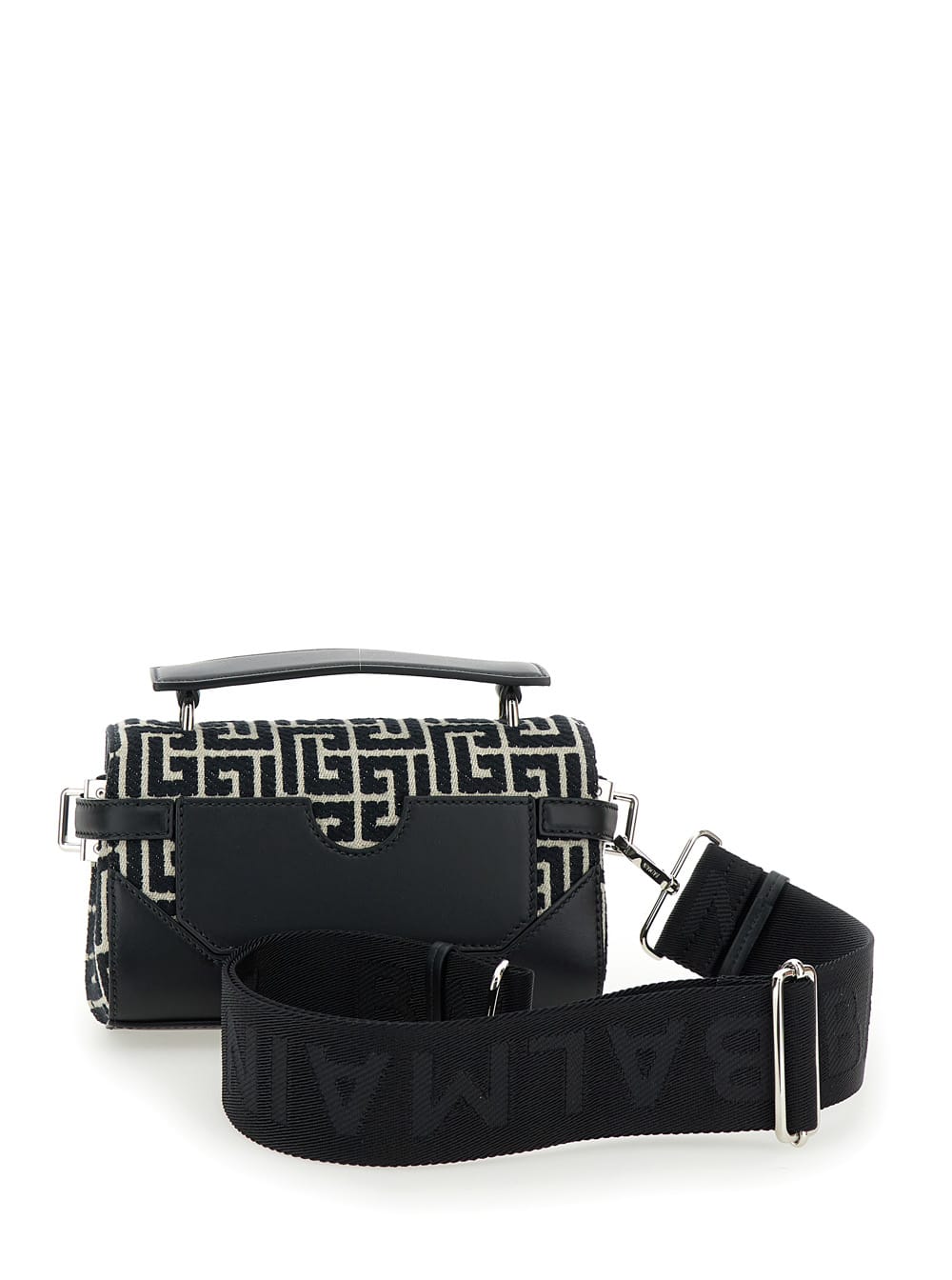 Shop Balmain B-buzz 19 Black And White Crossbody Bag With Monogram In Cotton And Leather Man