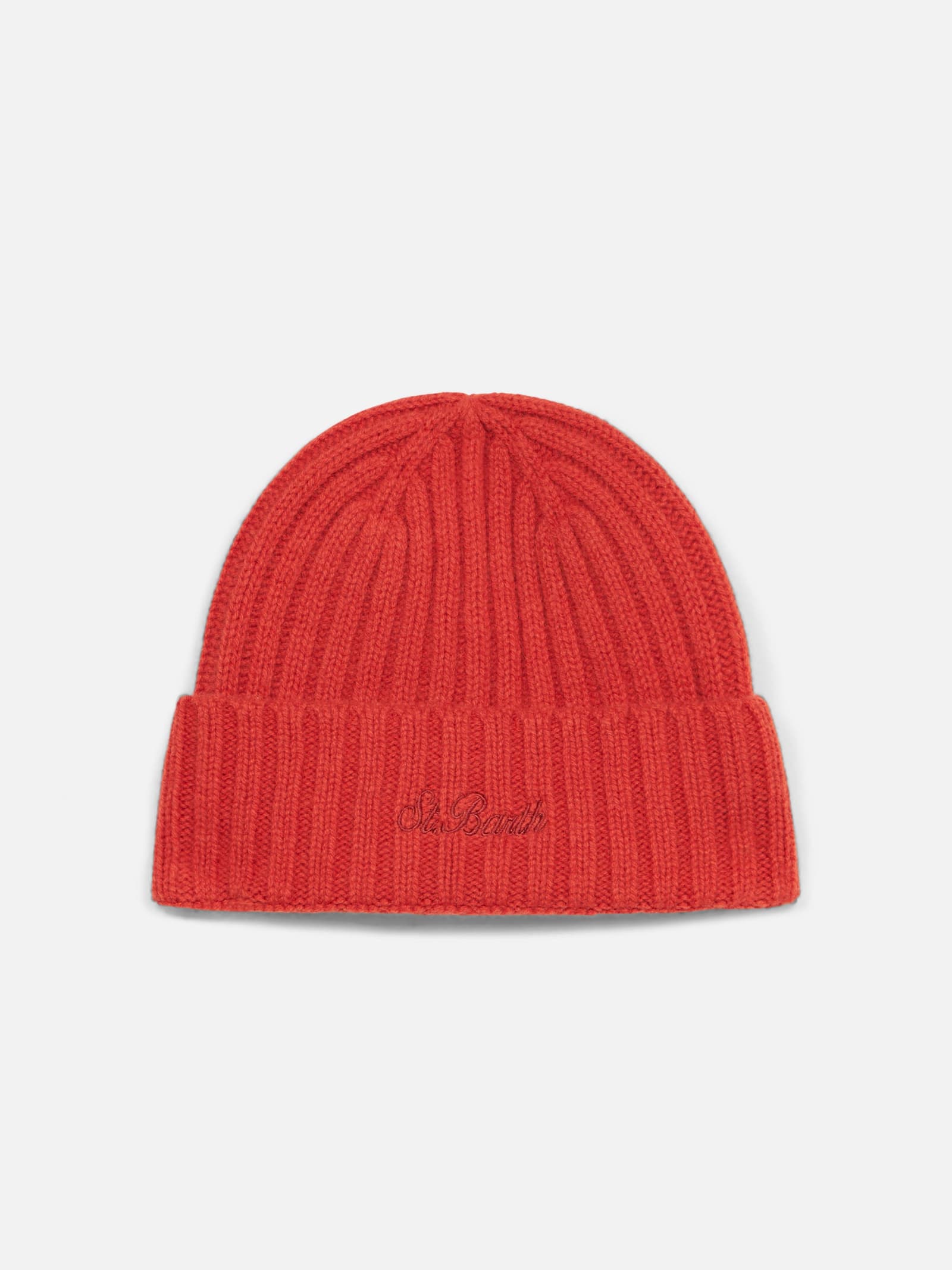 Man Orange Cashmere Blend Hat Wengen With St. Barth Embroidery