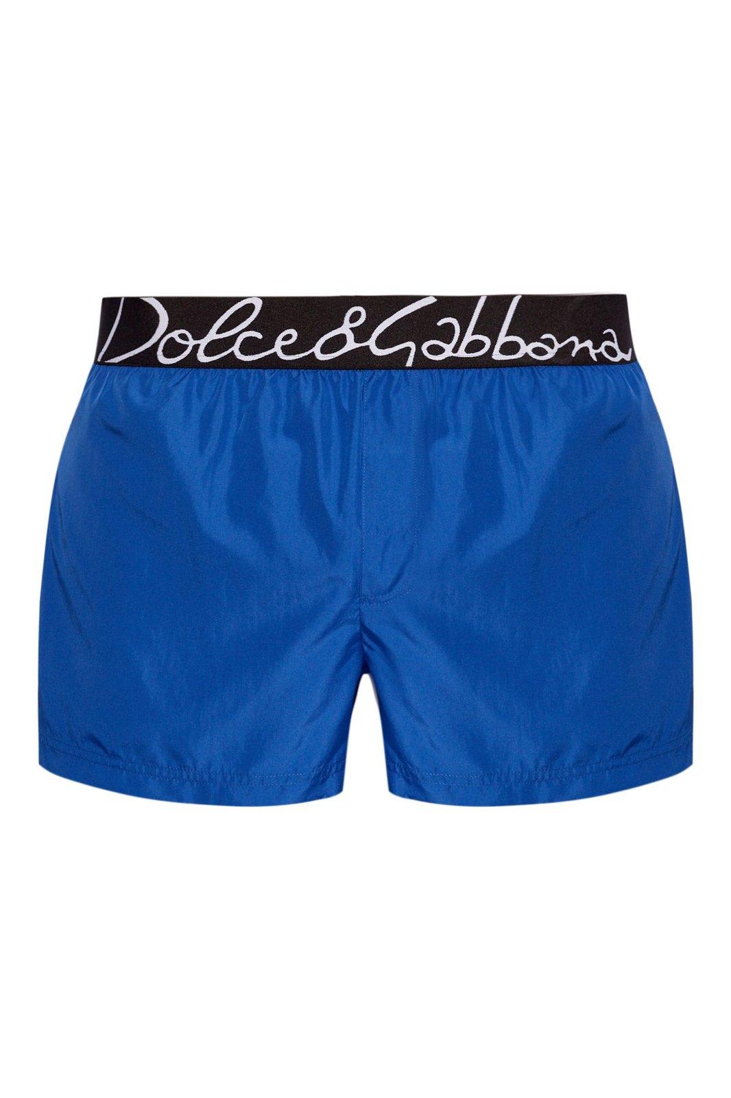 Shop Dolce & Gabbana Logo-waistband Swim Trunks In Bluette Medio