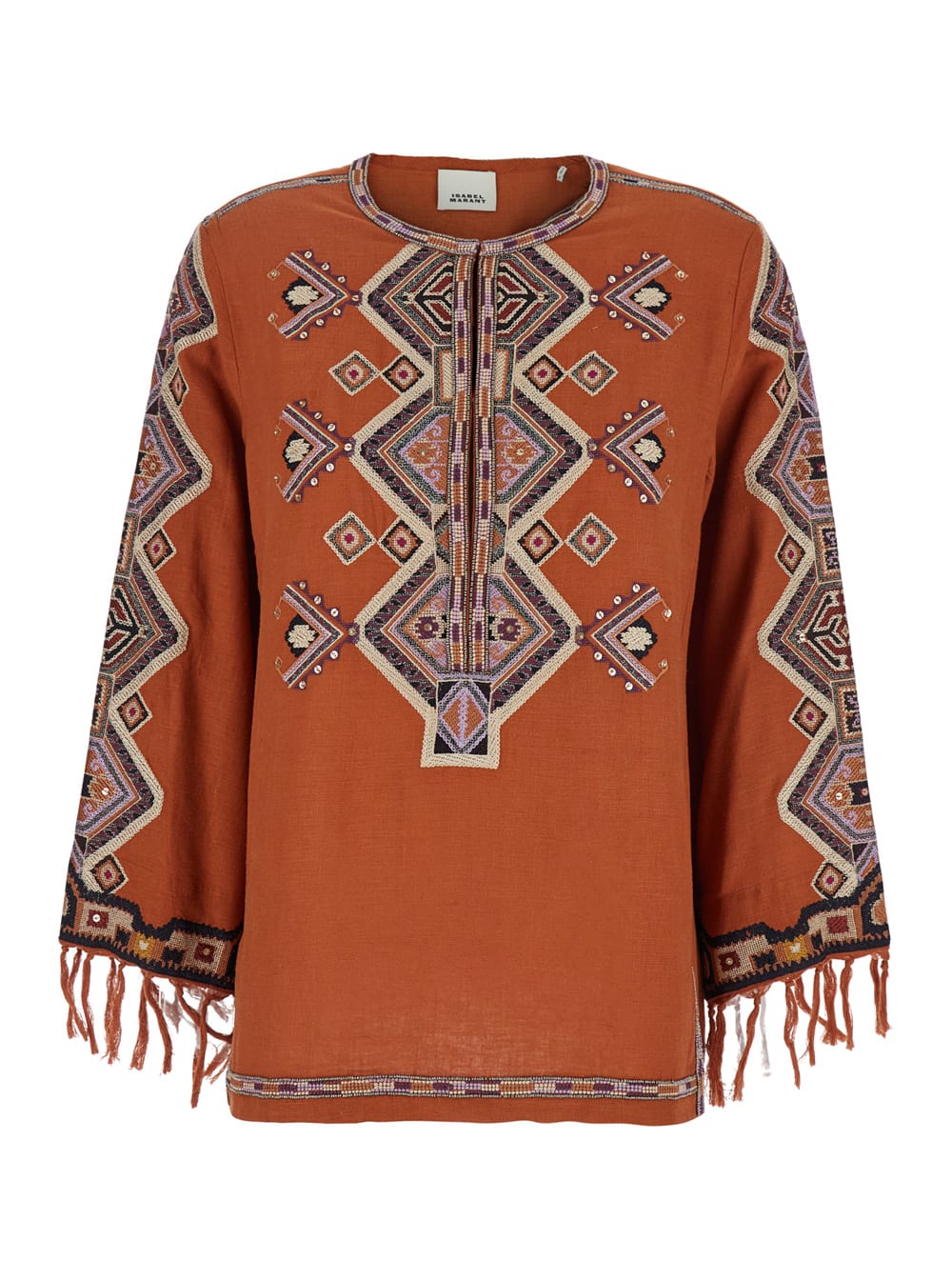 Isabel Marant Silk Blouse Embroidered Geometric Pattern In Orange